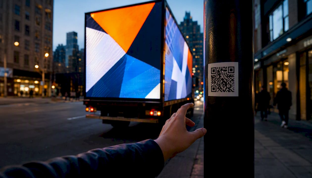 Hand with phone near LED mobile billboard