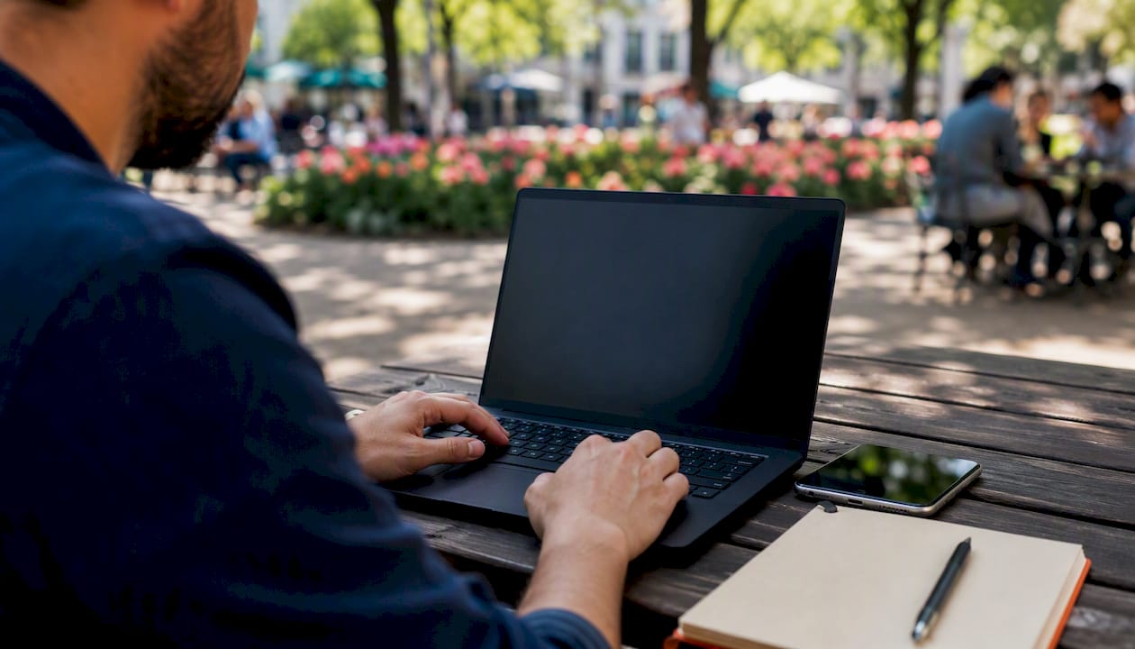 Marketer using laptop outdoors with mobile billboard nearby