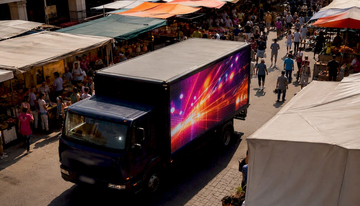 Media truck with LED digital billboard on street