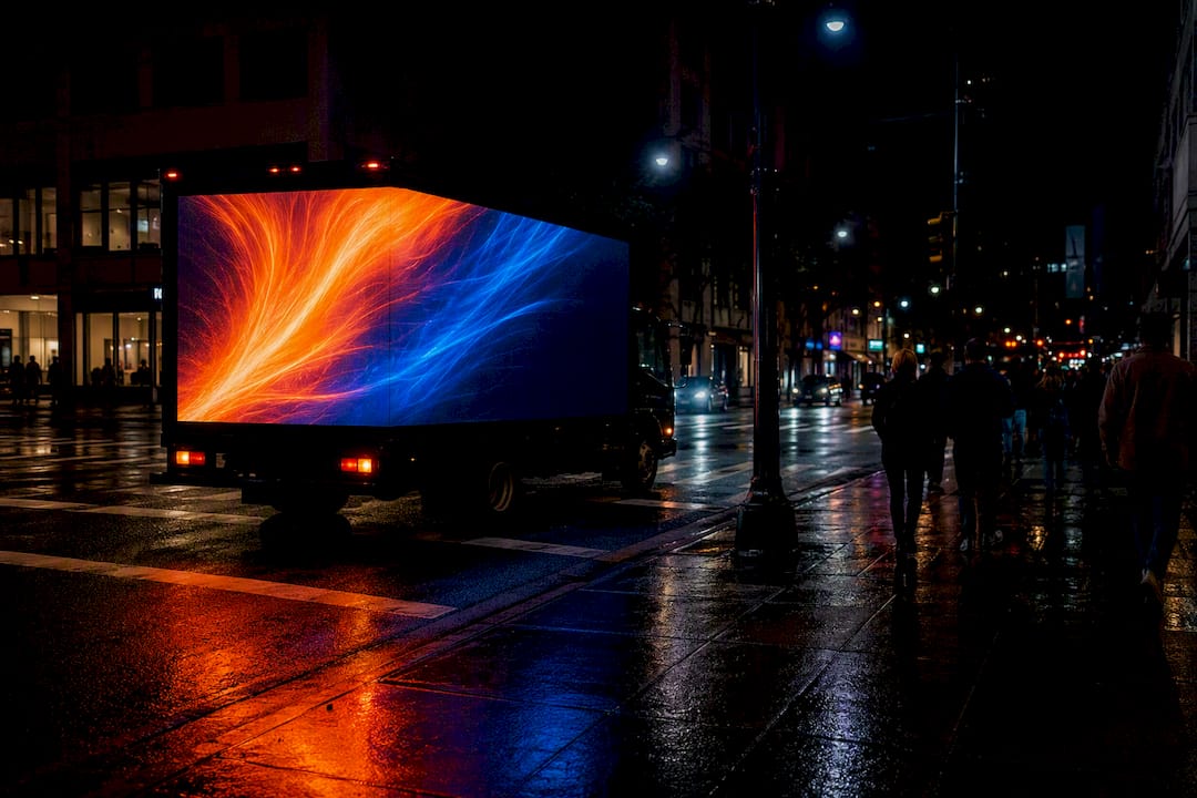 Urban mobile LED billboard truck partial side view