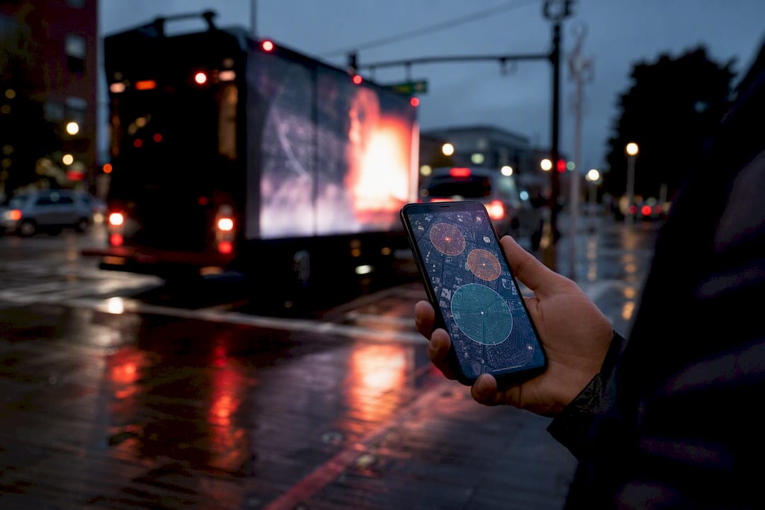Hand holding smartphone with geofence route planning