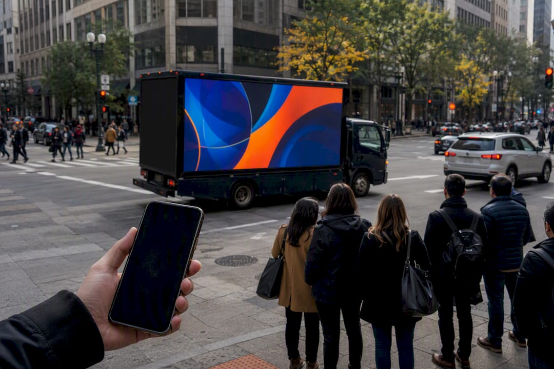 Mobile LED billboard truck passing urban pedestrians