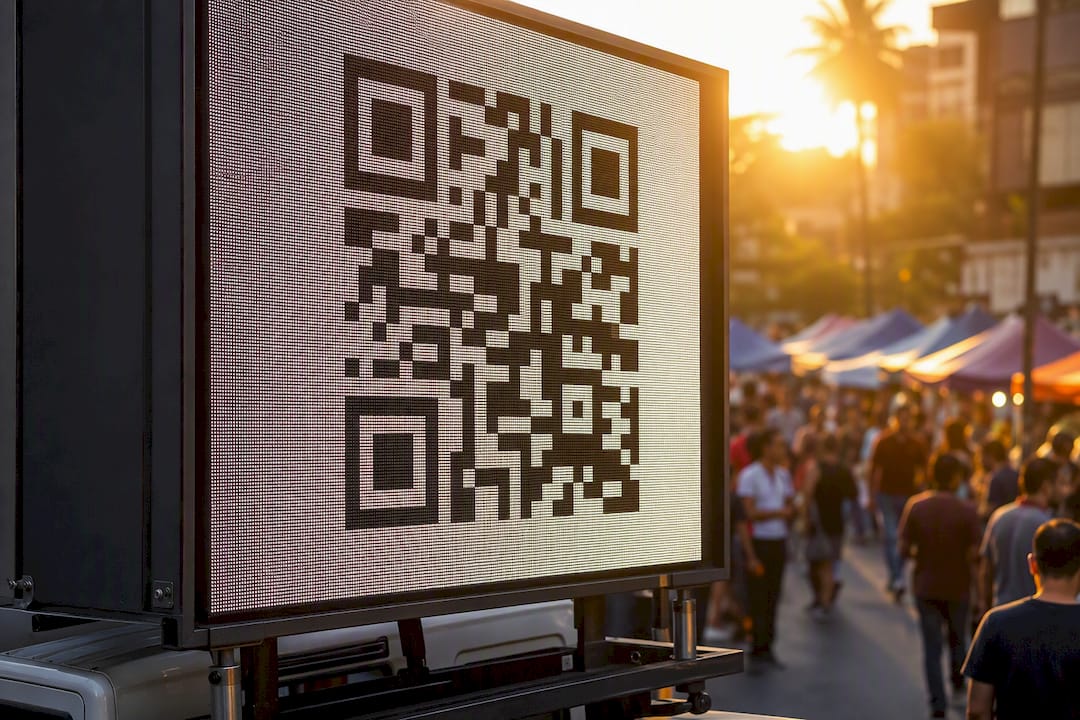 Mobile LED billboard truck with large QR code