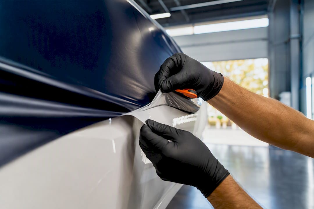 Technician removing wrap from vehicle panel