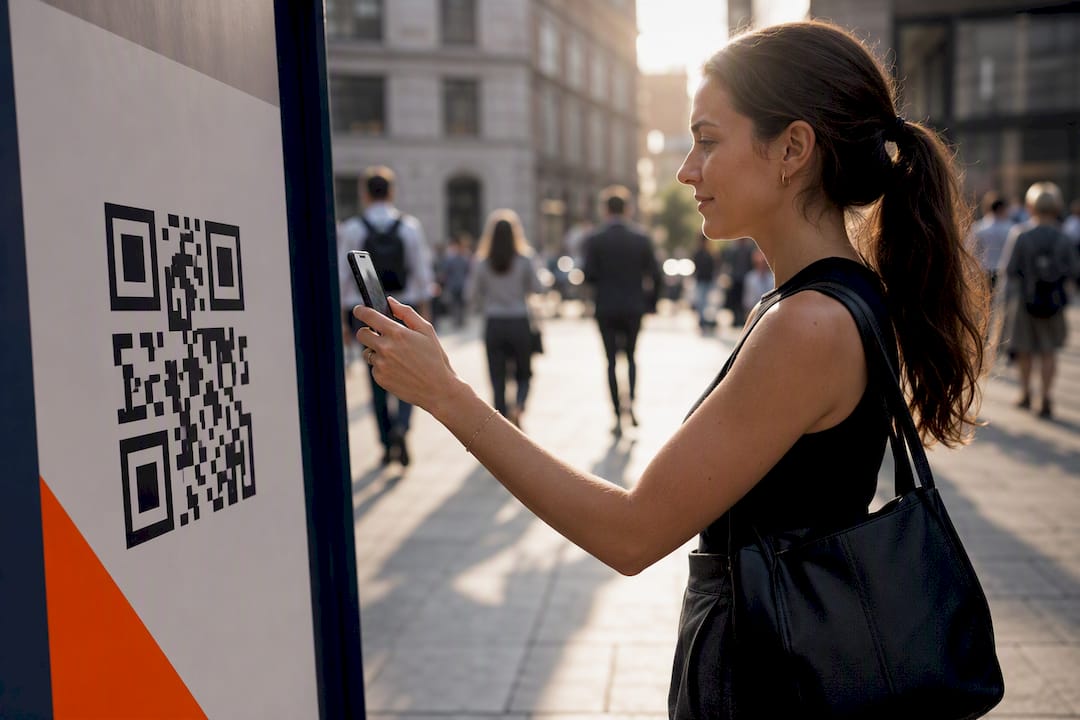Commuter scanning outdoor advertising QR code
