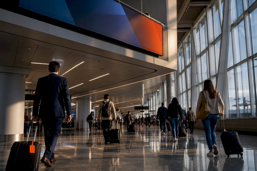Airport terminal with fixed advertising screen