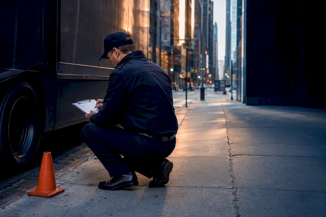 Inspector reviewing anonymous advertising vehicle