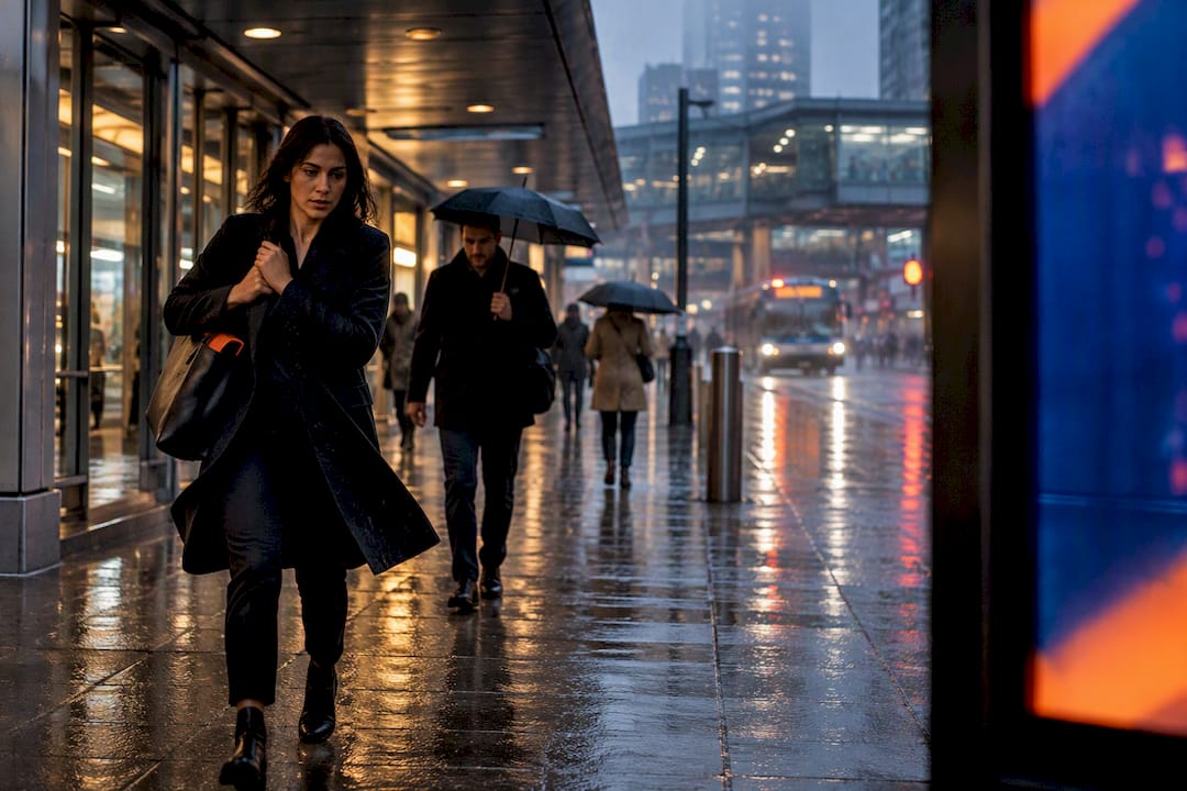 Rainy transit interchange with illuminated ad panel