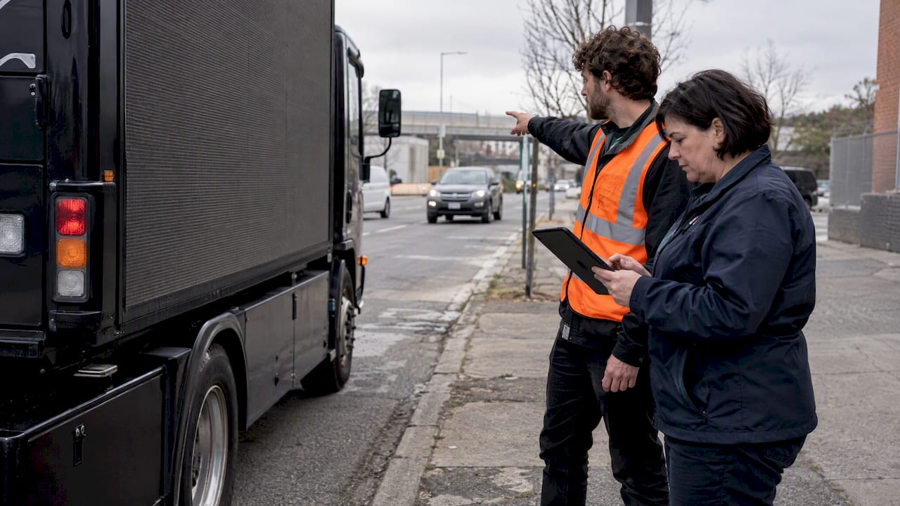 Compliance team reviewing mobile billboard campaign