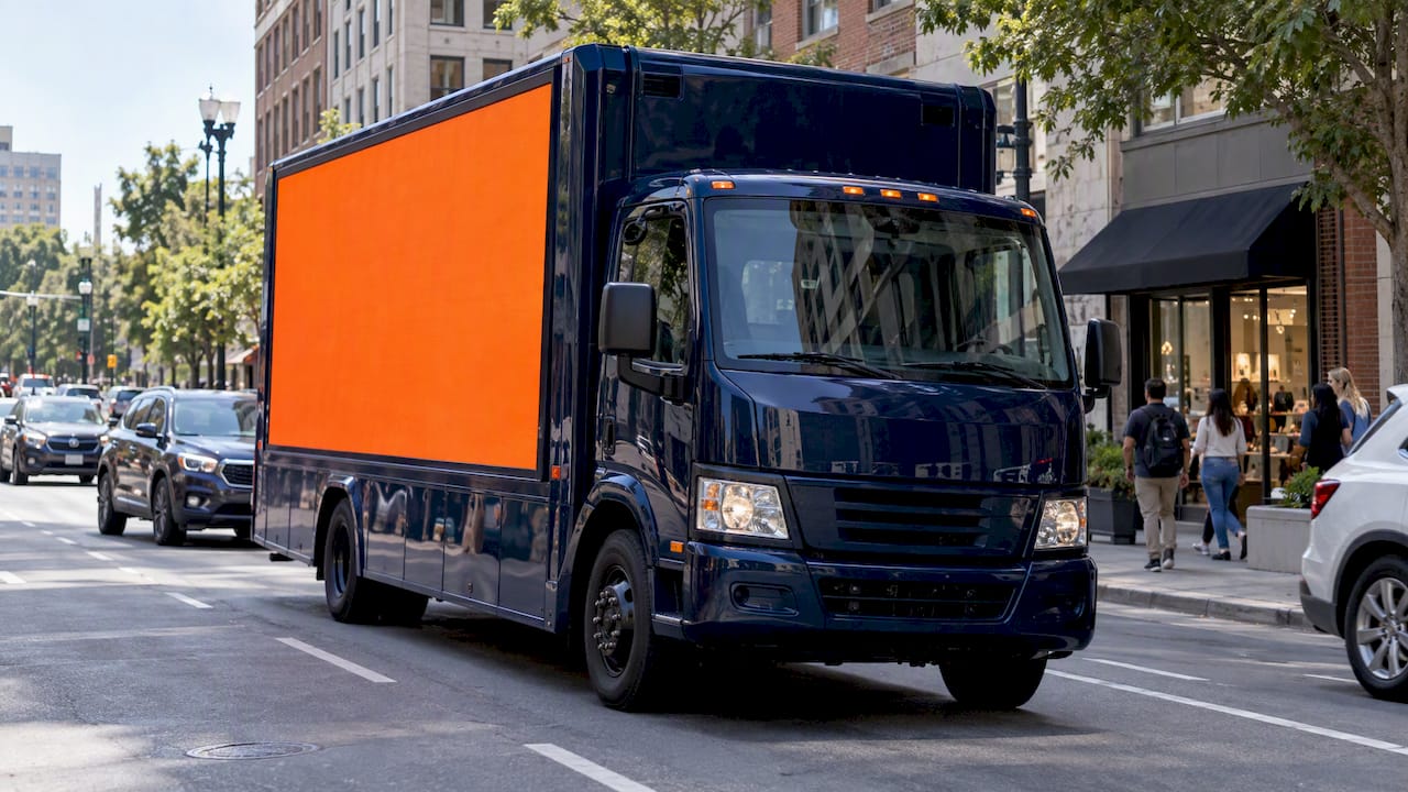 LED mobile billboard driving through urban traffic