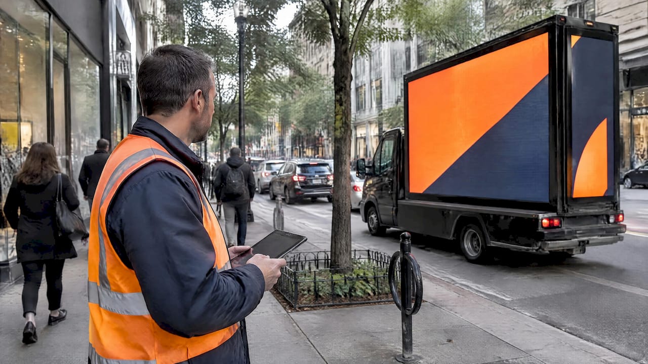 Operator checking mobile billboard campaign placement