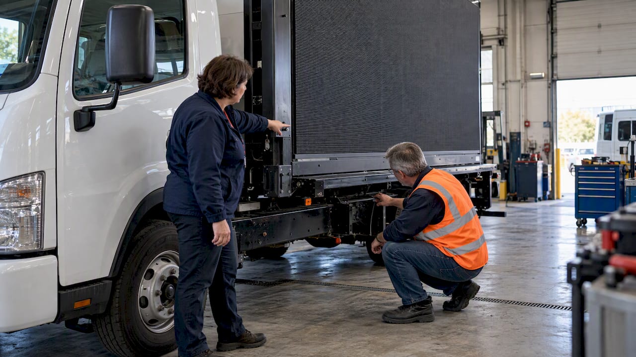 Broker inspecting mobile billboard equipment coverage