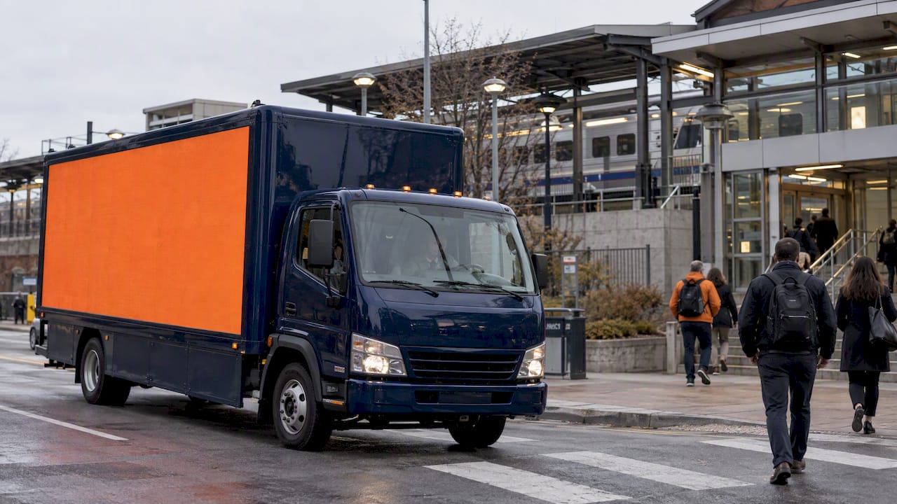 Mobile billboard truck near commuter rail station