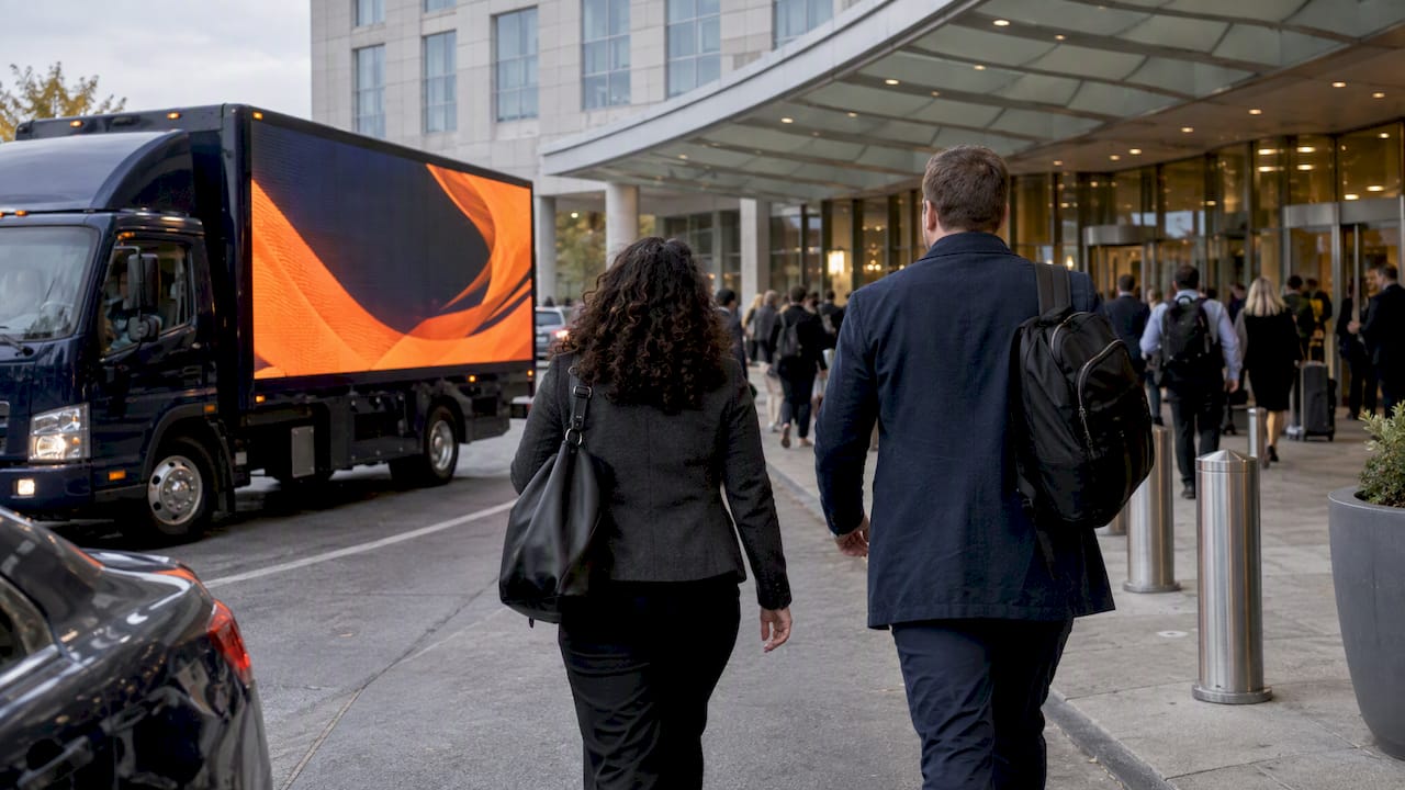 Attendees approach a venue beside a mobile billboard