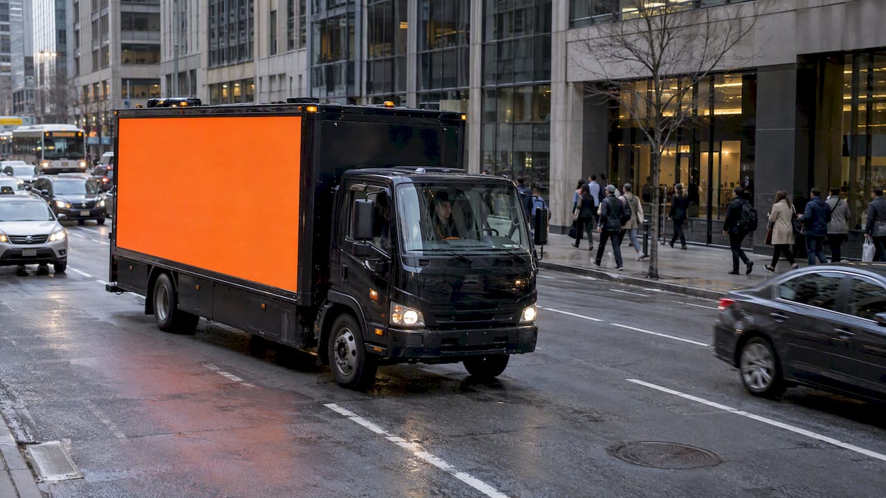 Mobile billboard truck during morning commute