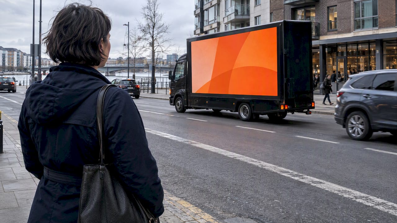 Pedestrian watching a mobile billboard pass