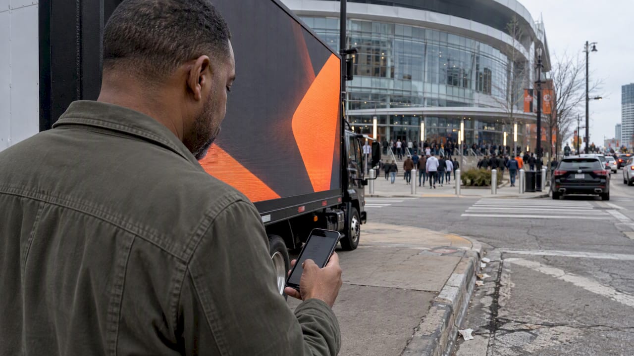Planner checking location beside an LED billboard truck
